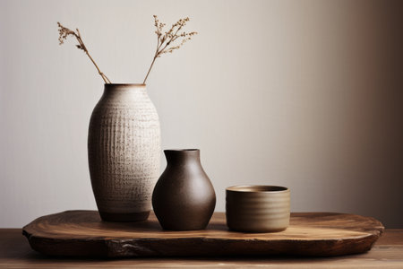 elegant fusion of modernity and nature: ceramic jug and cup enhance wooden table - AR 3:2の素材