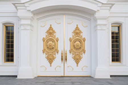 Glistening Elegance: Contemporary White House Doors Adorned with Luxurious Golden Handles -- AR 3:2の素材
