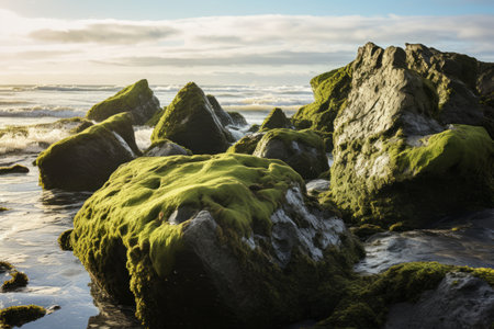 Serene Seaside: Mossy Rocks by the Ocean --ar 3:2の素材