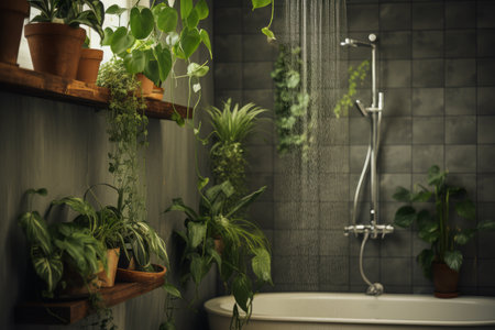 Creating a Natural Oasis: Stylish Bathroom Decor with Potted Plants Hanging Near the Showerの素材