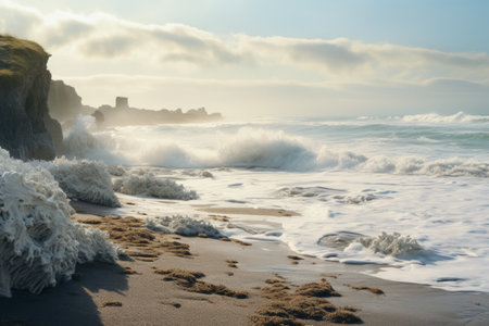 Serene Shores: Captivating Sandy Coastline Dancing by the Foamy Rippling Sea --AR 3:2の素材