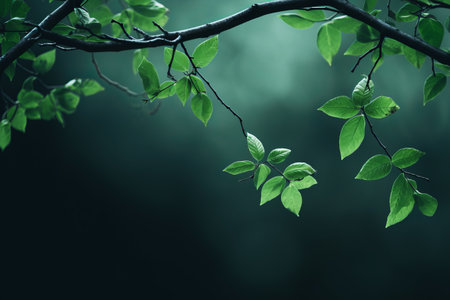 Natures Vibrant Contrast: Green Leaves on Brown Tree Branchの素材