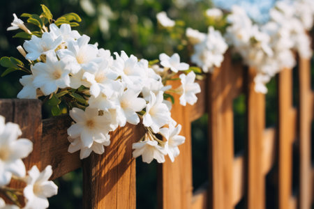Blossoming Beauty Captured through Selective Focus: Enchanting White Flowers Flourish near Fencelineの素材