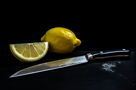 Vibrant Sliced Lemon Resting on Sleek Black Surface with Knife --ar 3:2の素材