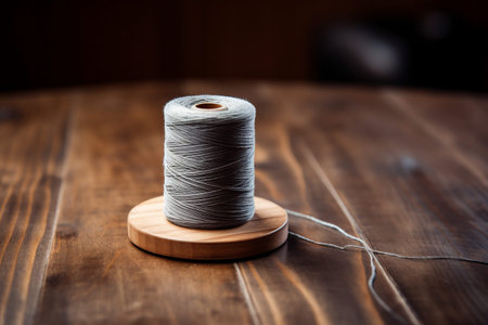 Contours of Cozy: A Spool of Gray Woolen Thread on a Wooden Floorの素材