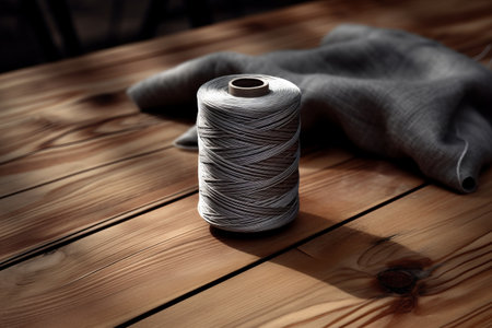 Unraveling Beauty: A Spool of Woolen Gray Thread Amidst a Wooden Floorの素材