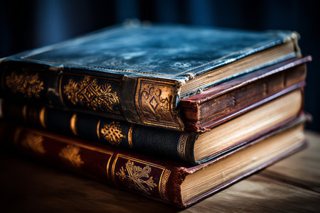 The Enchanting World Within: Captivating Close-Up Photography of a Towering Stack of Hardbound Booksの素材