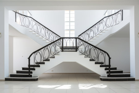 Sleek and Modern: A Staircase Ascending against a White Wall, Embraced by Metal Railingの素材