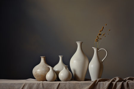 Subtle Elegance: Beige Vases Harmonizing on a Gray Canvas --ar 3:2の素材