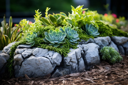 Tranquil Oasis: A Serene Stone Flowerbed adorned with Lush Green Plants --ar 3:2の素材