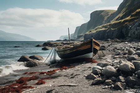 A Serene Seascape: Boat by the Pier on the Majestic Stony Coastの素材