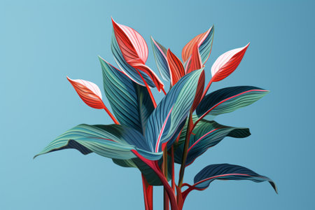 Vibrant Stromanthe: A Spectacular Display of Green and Red Leaves on a Lush Blue Canvas -AR 3:2の素材