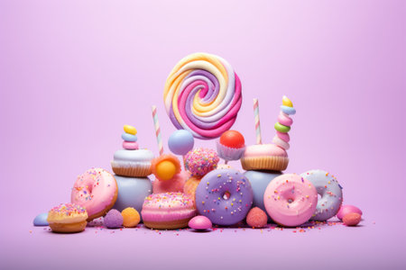 Sugar Heaven: An Appetizing Array of Multicolored Sweets on a Dreamy Light Purple Backgroundの素材