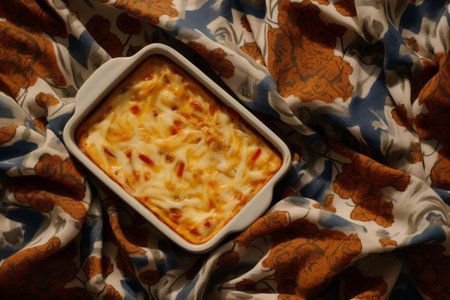 Delectable Delights: A Glimpse of a Baked Dish and Exquisite Patterned Fabricの素材