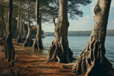 Natures Serenity: Stunning Tree Trunks Embracing a Tranquil Body of Waterの素材