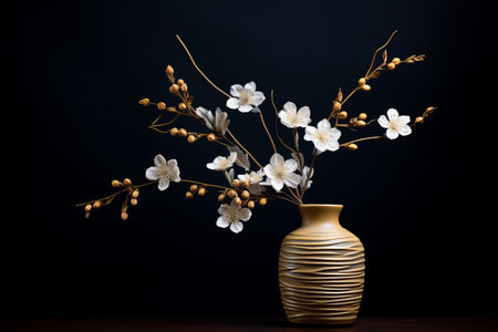 Blossoming Beauty: A Delicate Wicker Branch Adorning a Vase on a Captivating Black Backdrop (AR 3:2)の素材