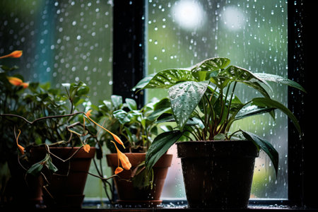 Natures Tranquil Symphony: Captivating Water Droplets Adorn Glass Window, Harmonizing with Lush Potの素材