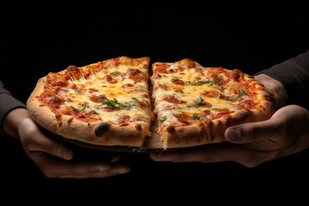Cheesy Delight: An Appetizing Shot of a Person Holding a Cheese-topped Pizzaの素材