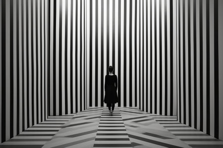Portrait of a Figure in a Striking Black and White Striped Wall -- AR 3:2の素材