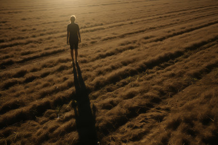 Capturing the Enigmatic Silhouette: A Mesmerizing 3:2 Shot of a Shadowy Figure in a Vast Fieldの素材