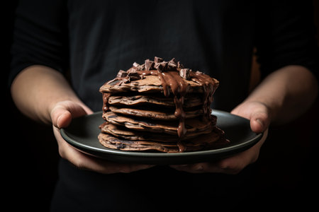 Indulge in Decadent Delights: Captivating Photo of Person Savoring Chocolate Pancakesの素材