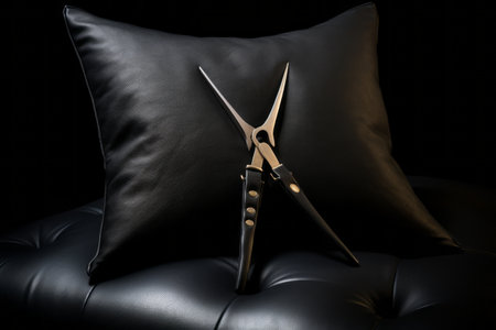 Sleek Scissor Divulged: A Captivating Photo on a Luxurious Black Leather Cushionの素材