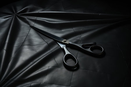 Artistic Capture: Scissor Resting on Luxurious Black Leather Cushionの素材
