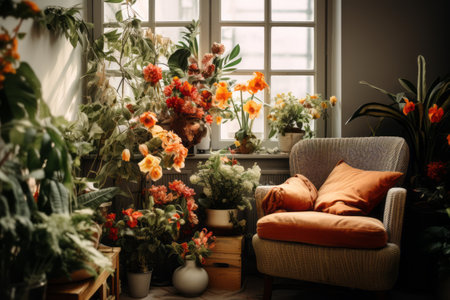 Blooming Beauty: Captivating Potted Flowers Enchant in Cozy Room [AR 3:2]の素材
