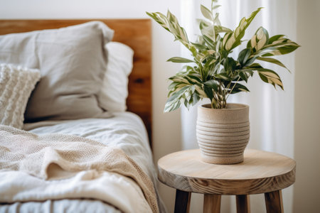 Aesthetic Oasis: Enchanting Potted Plant Gracing a Wooden Stool Near the Bedの素材