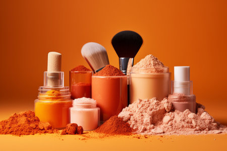 Glowing with Vibrancy: Mesmerizing Powder Beauty Products on an Orange Background (3:2 Aspect Ratio)の素材