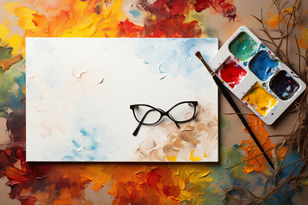Artistic Arrangement: Eyeglasses and a Rectangular White Color Painting Palette - AR 3:2の素材