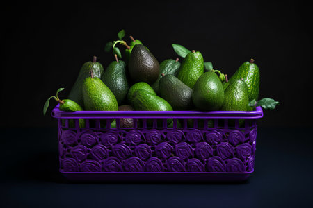 A Vibrant Harvest: An Abundance of Green Avocado Fruits Overflowing from a Rectangular Purple Plastiの素材