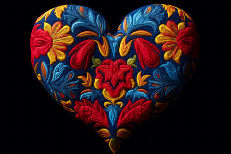 Vibrant Heart-Shaped Textile in Red, Blue, and Yellow: An Artistic Masterpiece in a 3:2 Ratioの素材