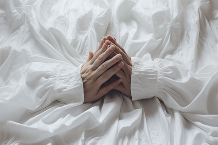 Divine Serenity: Hands Joined in Prayer on White Textileの素材