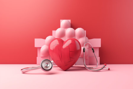 Pink Heartbeat: Symbolizing Health and Care in 3D Red Heart with Cardio Gram and Stethoscope on Vibrの素材