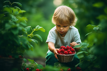 Budding Bounty: A Childs Harvest of Raspberries in the Gardenの素材