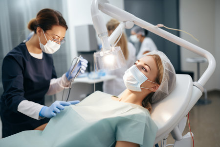 The Dentists Office Experience: A Close-Up of Dental Procedure with a Medical Face Shieldの素材