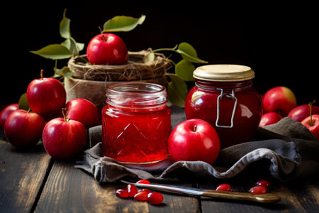 The Delightful Duo: Apple Jam and A Luscious Display of Red Apples on the Tableの素材