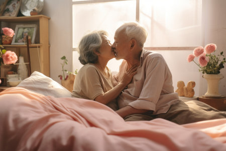 Sweet Affection: Intimate Moments of an Asian Elderly Couple Embracing Love on Their Home Bedの素材