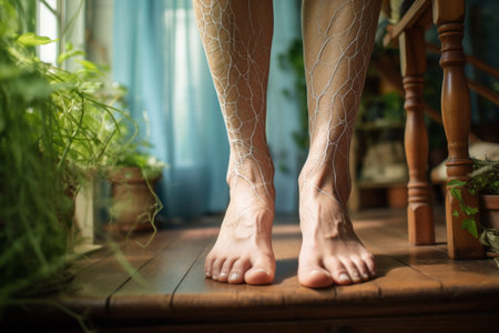 Unveiling the Struggles: A Closeup of a Varicose Veined Woman at Home, Barefoot -AR 3:2の素材