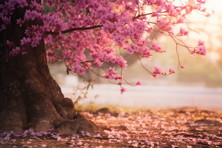 Enchanting Harmony: Captivating Pink Wildflowers Beckon beneath Majestic Treeの素材