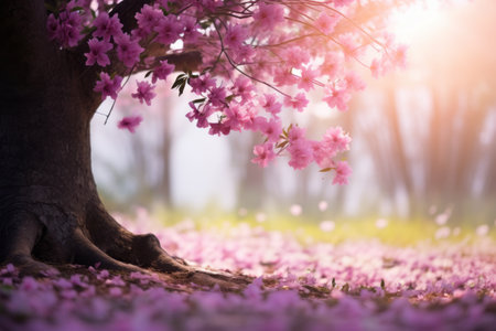 The Enchanting Oasis: Captivating 3:2 Photo of Delicate Pink Wild Flowers Beneath a Majestic Tree, Cの素材