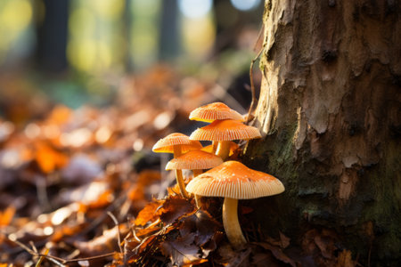 Majestic Autumn Wonderland: Captivating Mushroom Closeup on Tree Barkの素材