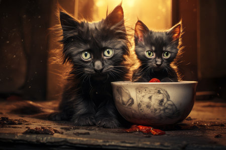 The Heartwarming Bond: A Black Kitten and His Nurturing Mother Share a Meal from a Bowlの素材