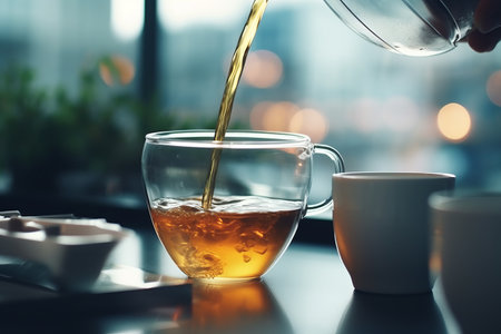 Blurred Elegance: Tea Pouring in a Modern Office with a Traditional Chinese Touchの素材