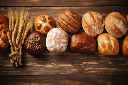 Bread Galore: A Scrumptious Display of Crusty Loaves and Buns on a Rustic Wooden Tableの素材