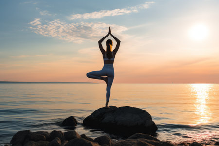 Serenity by the Seashore: A Caucasian Woman Finding Balance Through Yogaの素材
