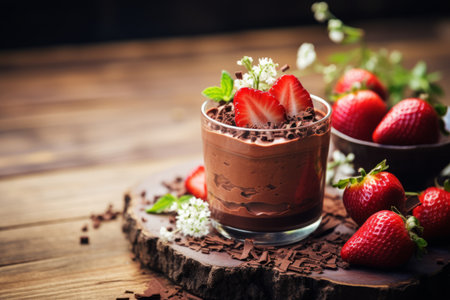 Sensational Chocolate Mousse Delight: Fresh Red Strawberries and Enchanting Decor on a Rustic Woodenの素材
