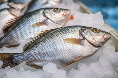 Savor the Tempting Catch: Fresh Gilt-head Bream and Dorado Fish on Ice at the Market Storeの素材