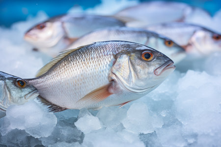Captivating Close-Up: Savory Gilt-Head Bream and Dorado Fish on Ice at Market Storeの素材